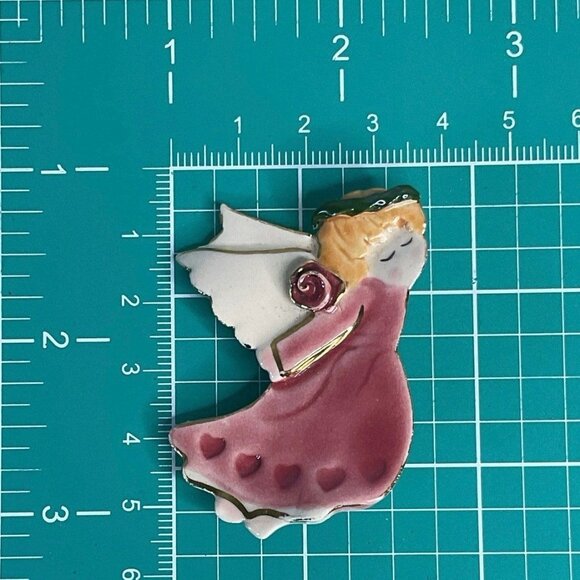Hand Painted Ceramic Angel Brooch Pink and White With Gold Details - Picture 4 of 4